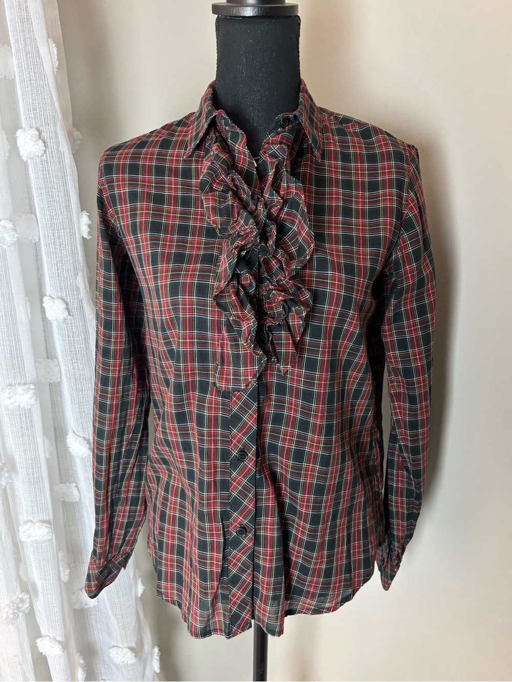Nili Lotan Heritage Academia Preppy Tartan Plaid Ruffle-Front Button-Down XS